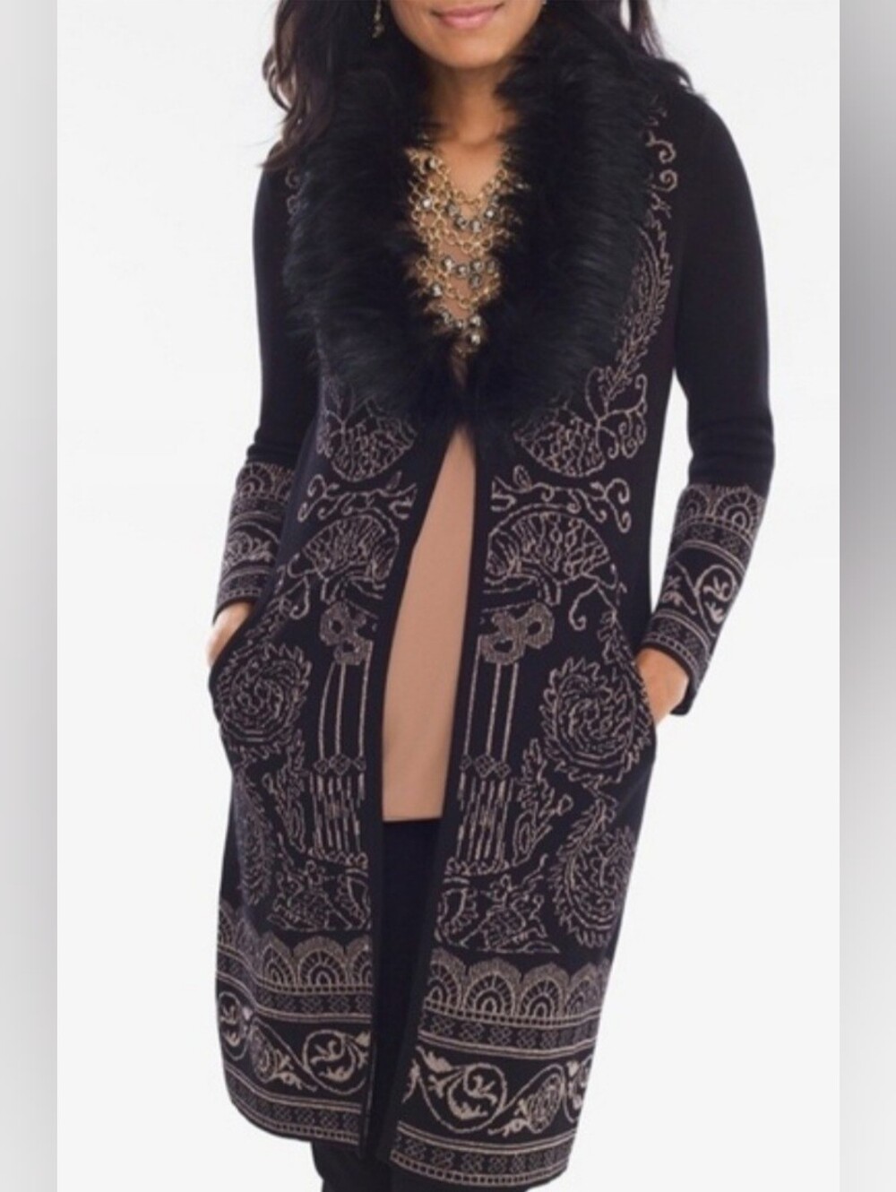 Chico's Black Long Cardigan with Taupe Shinny Pattern & Faux-Fur Collar